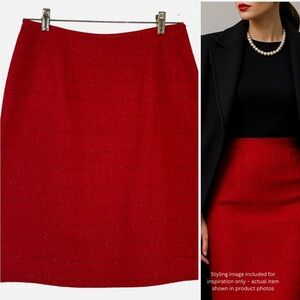 Metallic Red Tweed Bouclé Pencil Skirt 8P Coco Core MobWife Holiday Event Luxe